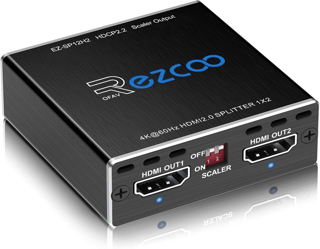 [EZ-SP12H2] ROFAVEZCO 4K 60Hz HDMI Splitter 1 Input 2 Outputs 1080P 120Hz HDCP HDR 18Gbps UHD Dolby Vision Atmos EDID Scaler 4K 1080P HDMI Splitter for PS5, SkyQ, Xbox, Fire Stick, BluRay, Apple TV, Projector.