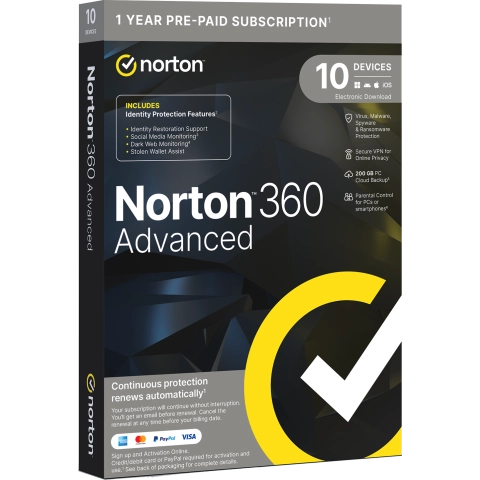 [21453735] NORTON 360 ADVANCED PWM NO INSURANCE 200GB SE 1 USER 10 DEVICE 12MO KOD ESD NO SUBSCRIPTION