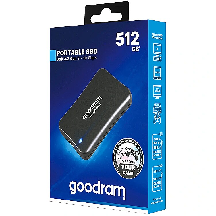 [SSDPR-HL200-512] GOODRAM HL200 / SSD 512 GB 3D NAND / External USB 3.2 gen 2 Type-C / Read 520 MB/s - Write 500 MB/s / USB-A-C and USB-C-C Cable Included / 3 Years Manufacturer Warranty