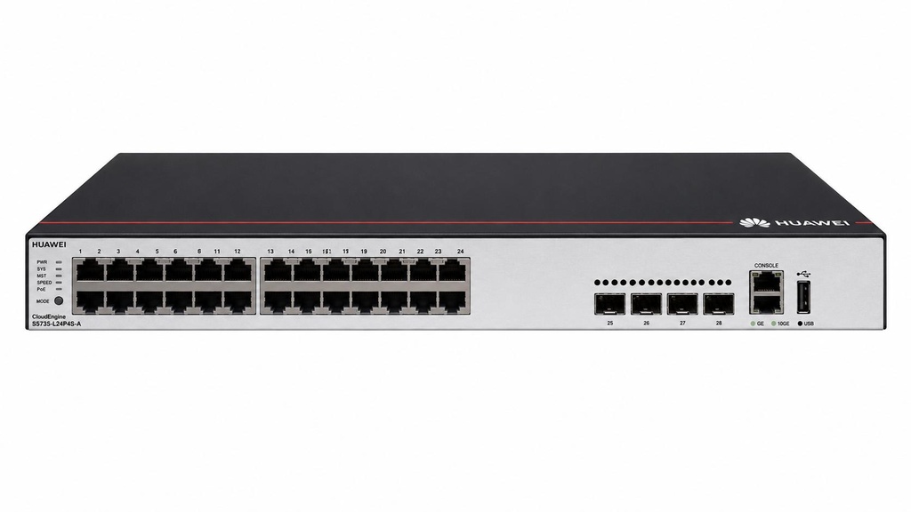 HUAWEI S5735-L24T4X-A 24x10/100/1000BASE-T ports 4x10GE SFP+ ports AC power + S57XX-L Series Basic SW Per Device (P)